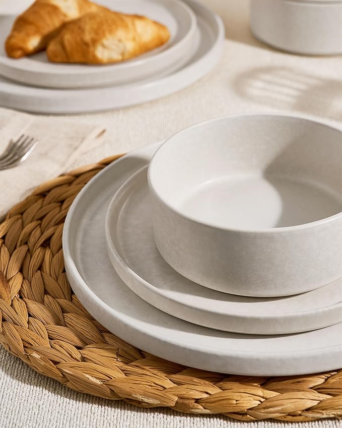 Famiware Nebula Plates and Bowls Sets 12 Pieces Stoneware Dinnerware Sets Reactive Glaze Dish Set Dishes Set for 4 Matte Beige White