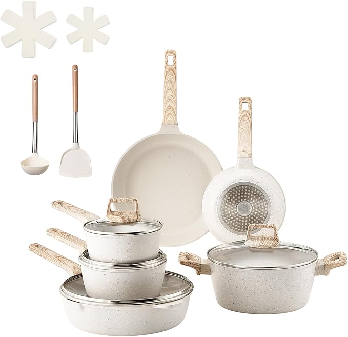 Happybuy 17-Piece Granite Nonstick Cookware Set – Induction-Ready Kitchen Kit with Frying/Sauce Pans Glass Lids &amp Pan Protectors Space-Saving Design for RVs Camping &amp Home Use (White)