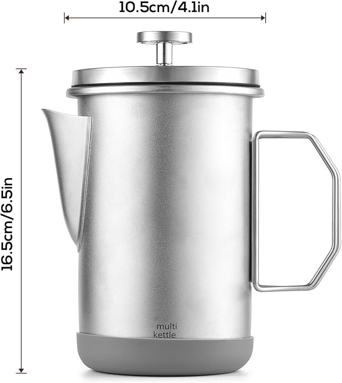 French Press Coffee Maker 1L Portable Stainless Steel Cold Brew Coffee Tea Pot with Foldable Handle for Camping Trips Home Brewing (Silver)