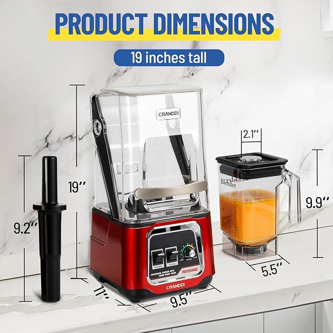 CRANDDI Commercial Blender 2200W Countertop Blenders with Removable Shield Quiet Smoothie Blender for Shakes and Ice Crushing 52oz 38000 RPM Professional Blenders for Kitchen K80 (Red)