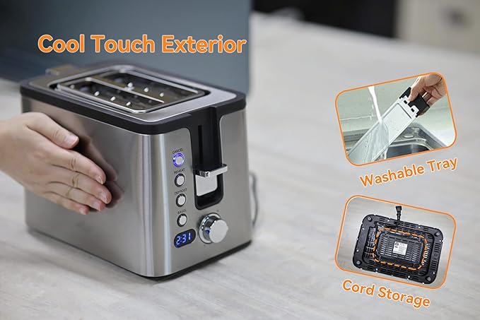 Mecity Toaster 2 Slice Stainless Steel Body Timer Bagel Defrost Reheat Cancel Functions Warming Rack Removable Tray 6 Browning Settings Extra Wide Slots Bread Toaster 800W