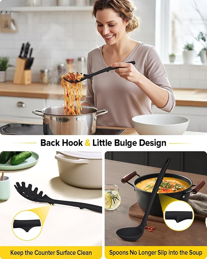 Silicone Cooking Utensils Set 9 Pcs Heat Resistant Kitchen Utensils with Back Hooks BPA Free Kitchen Tools with Spatulas Spoons Skimmer and Pasta Fork for Non Stick Cookware (BLACK)
