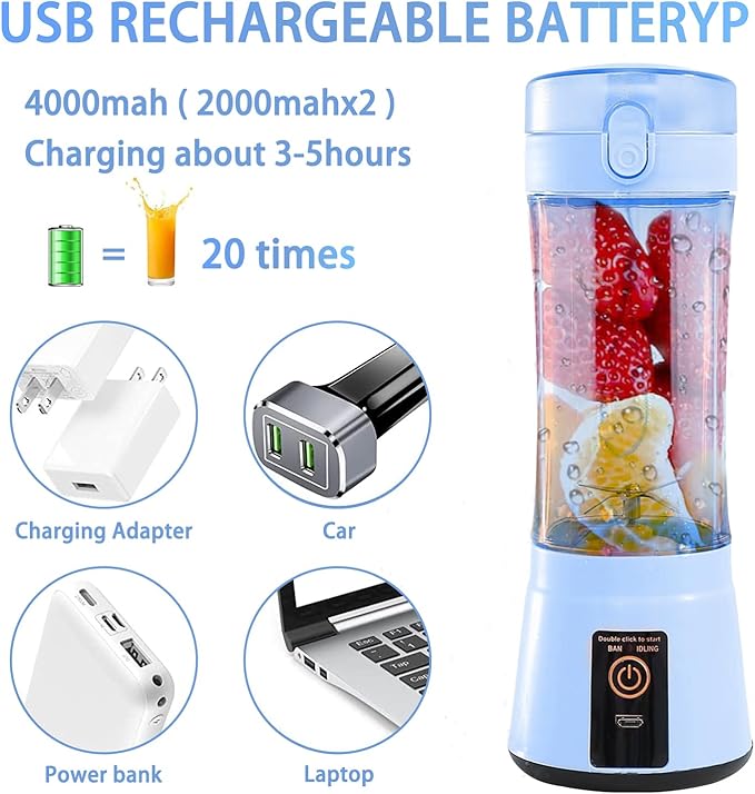 13.5oz Portable Blender for Smoothies Shakes and Juices - USB Rechargeable Mini Blender Cup With Protection Design for Home Office Outdoors - Multi-purpose BM1-B1