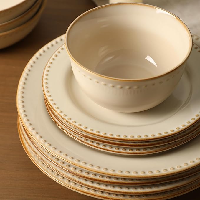 Stone Lain Comet 12-Piece Dinnerware Set Stoneware Plates and Bowls Set Dishwasher and Microwave Safe Dish Set for 4 Cream