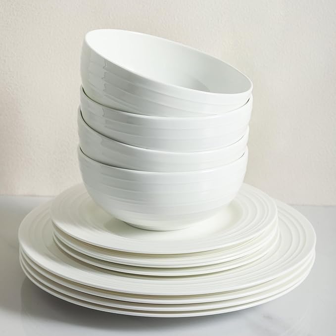 Stone lain Bone China Round Swirl Design 32 Piece Dinnerware Set White