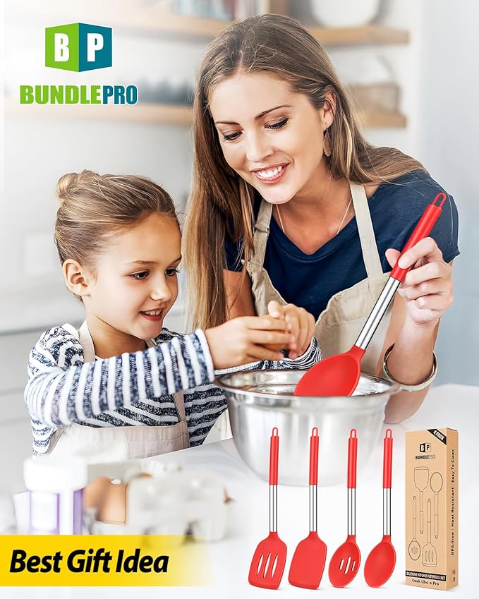 Pack of 4 Silicone Cooking Utensils Set Non Stick Large Solid Spatulas Heat Resistant Slotted Spoons Ideal BPA Free Kitchen Turners for Frying MixingServingDrainingTurningStirring (RED)