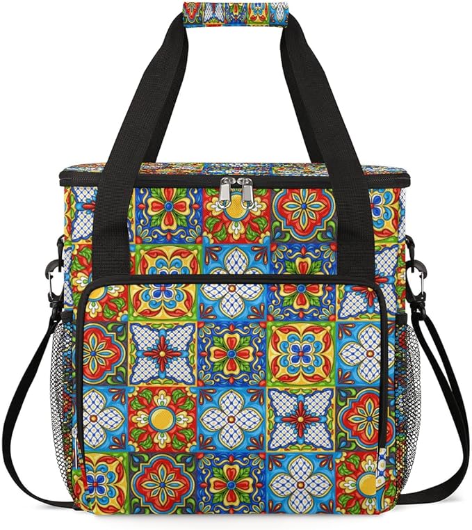 Ethnic Mexican Colorful Flowers Plaid Coffee Maker Carrying Bag Coffee Machine Travel Storage Tote Bag Compatible with K-Mini or K-Mini Plus Portable Single Serve Coffee Brewer Case with Pockets