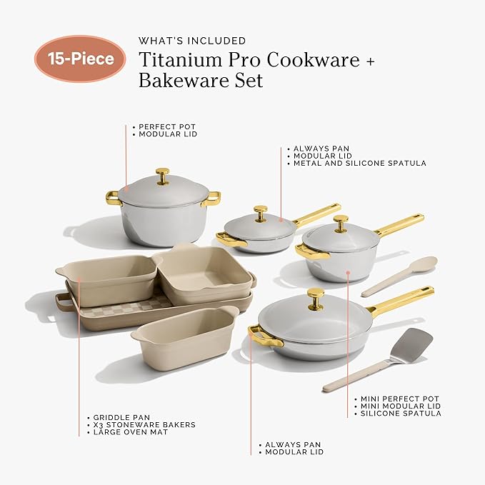Our Place 15-Piece Titanium Pro Cookware &amp Bakeware Set | Tri-Ply Titanium &amp Stainless Steel Nonstick Fry Pans &amp Pots | Ceramic Nonstick Bakers &amp Griddle Pan | Non-toxic PFAS-Free | C