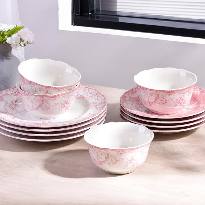 222 Fifth Adelaide Blush 12-Piece Pink Porcelain Dinnerware Set – Service for 4 Big Dinner Plates and Bowls Sets White with Pink Floral Pattern for Daily Entertainment Microwave &amp Dishwasher S