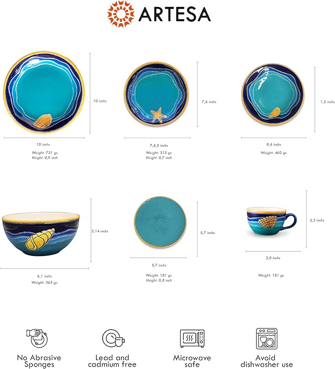 Artesa Vega Caribe Coastal Dinnerware Set Turquoise and Navy Blue with Gold Trim Handmade &amp Hand-Painted Ceramic 6-Piece Place Setting Seashell Design Microwave Safe