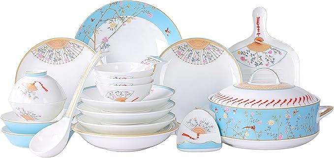 Fine Bone China Dinnerware SetPorcelain&ampCeramic Dinnerware SetsBone Stoneware &amp Ceramic Cookware Tableware Set Includes Dinner Plates|Spoons|Pasta Bowls|Soup Pot|Chopsticks (20PCS * 4-Person