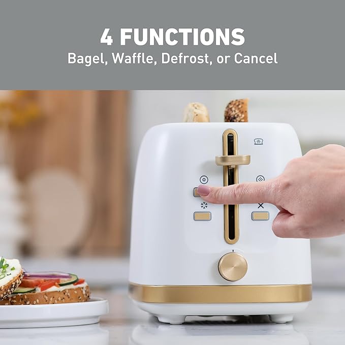 West Bend Timeless 2-Slice Toaster with 7 Browning Levels Bagel/Waffle/Defrost Settings High-Lift Lever Anti-Jam Easy-Clean Crumb Tray 2-Slice White/Gold