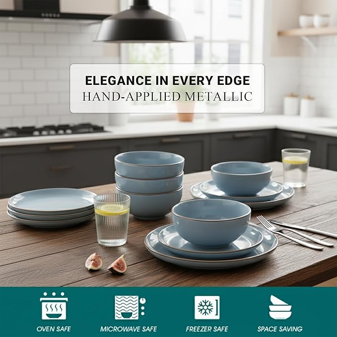 Dinner Set 16 PCS – Premium Ceramic Tableware in Blue – Includes 4 Dinner Plates 4 Side Plates 4 Rice Bowls &amp 4 Soup Bowls – Durable Stylish &amp Microwave Safe