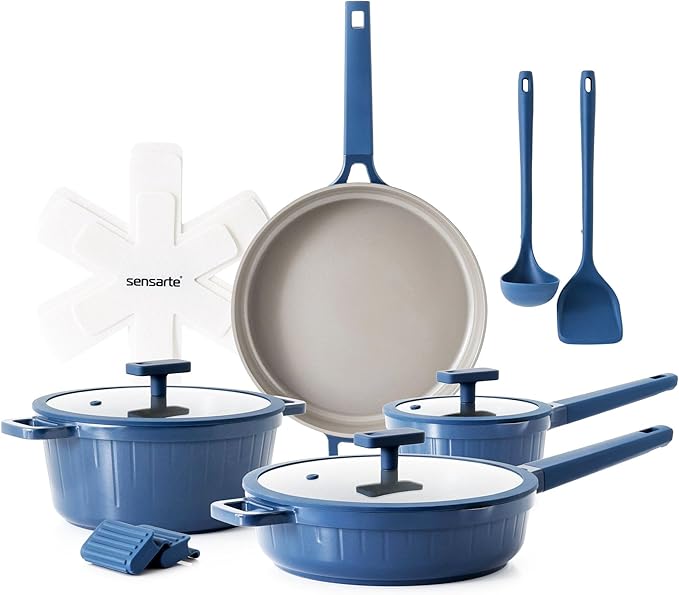 SENSARTE Ceramic Cookware Set Non-toxic 14 Pcs Nonstick Pots and Pans Set Dishwasher Safe Induction Cookware Healthy Kitchen Cooking Set PFOA/PFAS/PTFE Free