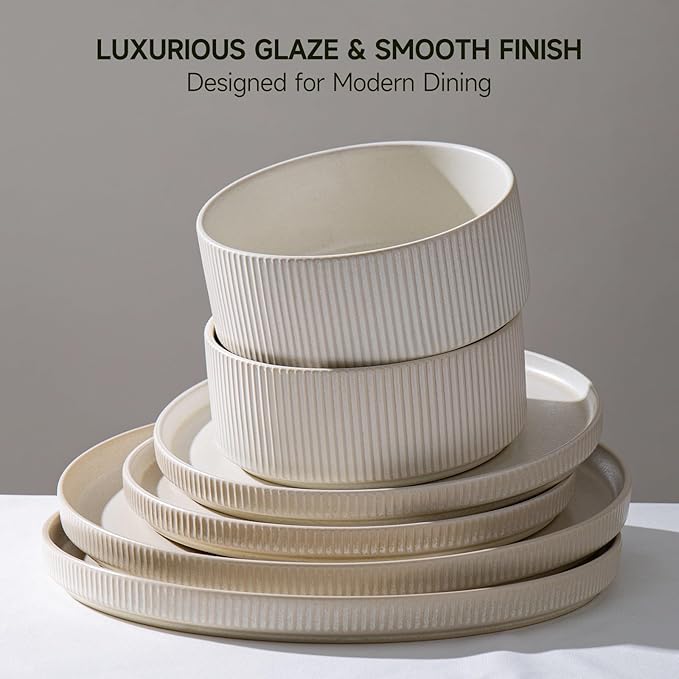 Dinnerware Set Service for 4 12-Piece Ceramic Plates and Bowls Set Chip &amp Scratch Resistant Microwave and Dishwasher Safe Modern Minimalist Tableware for Everyday Use Matte White