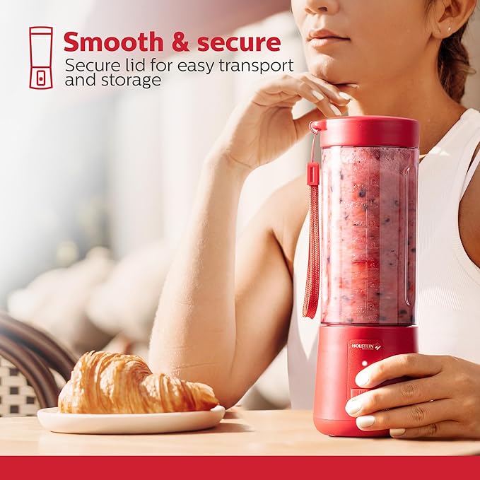 Holstein Housewares - USB Portable Blender 16oz Personal Smoothie &amp Shake Maker with Rechargeable Battery Type-C Fast Charging Spill-Free Lid &amp Indicator Light - Red