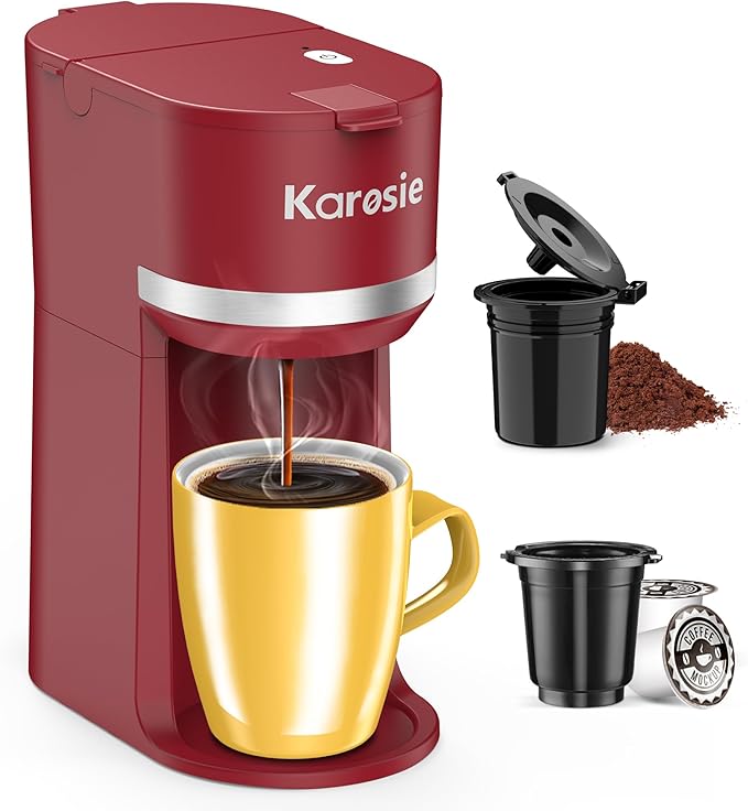 Single Serve Coffee Maker for K-Cup and Ground Coffee Fast Brew 6-12 oz Brew Sizes One Cup Coffee Machine Fits 5.5 Mugs One-Button Small Coffee Maker with Descaling Reminder Red