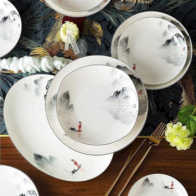 Porcelain Dinnerware Sets Plates and Bowls Sets 60-Piece Dinnerware Set Chinese Style Porcelain Set Dinner Dishes Set Plates/Bowls/Spoons and Soup Pot Service for 12