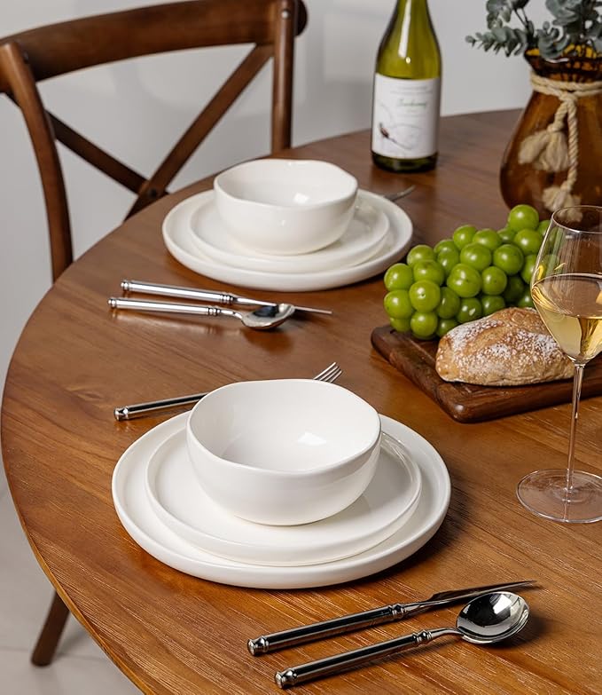TheTerra Ceramic Dinnerware Sets Handmade Reactive Glaze Plates and Bowls Set Scratch Resistant Dish Set Oven &amp Microwave &amp Dishwasher Safe Bright White