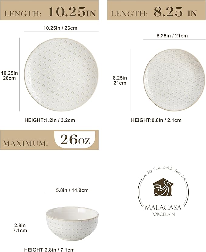 MALACASA 24 Piece Dinnerware Set Embossed Ceramic Dish Sets Service for 8 Plates and Bowls Set Durable Stoneware Tableware for Family Dinners Dishwasher &amp Microwave Safe
