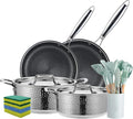 Vivicreate 20 Piece Stainless Steel Cooking Pot pots and Pan pans Cookware Set Non Toxic PFOA Free Non Stick Pots and Pans Hammered Design Induction Compatible Ollas de Acero Inoxidable