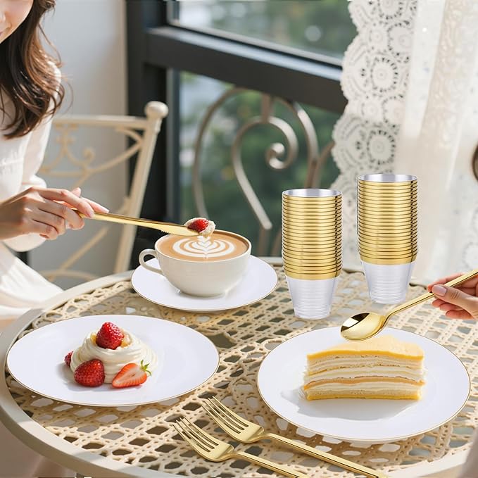 bUCLA 150PCS White and Gold Plastic Plates Disposable - 25 Guests Gold Dinnerware Set - Include 25 Each (Dinner &amp Dessert) Plates 25 Knives 25 Forks 25 Spoons &amp 25 Cups for Party