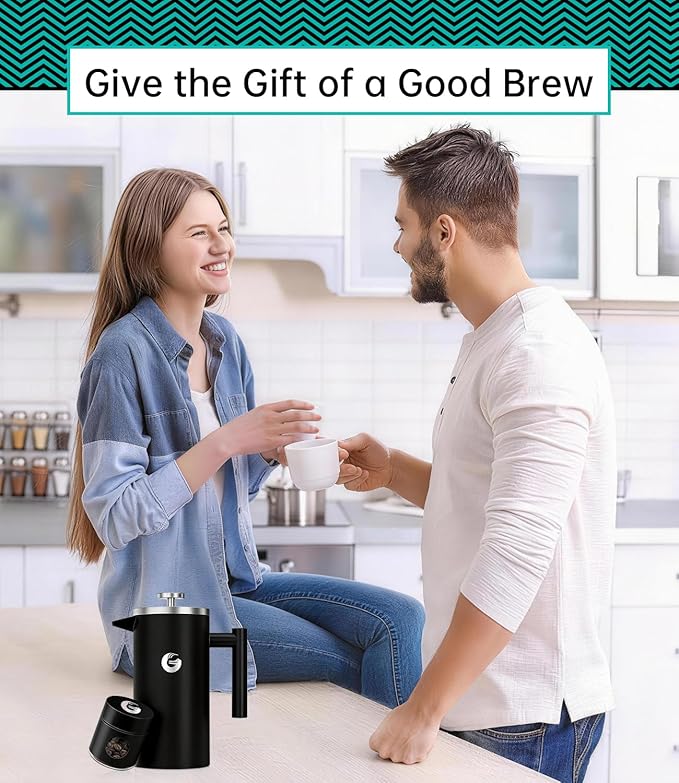 Coffee Gator 304 Grade Stainless Steel French Press Coffee Maker 34 oz Double Wall Insulated Hot Cold Brew Teapot with 4-Level Filtration System Include Travel Jar Canister Rust-Free Travel Black