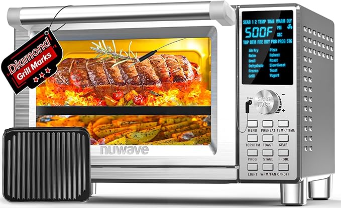 NUWAVE Bravo XL Air Fryer Convection Toaster Oven Countertop 112-in-1 Smart Grill Combo with Original Flavors &amp Marks Adjustable Heating Zones for Pizza Roast Bake 50-500°F Stainless Steel