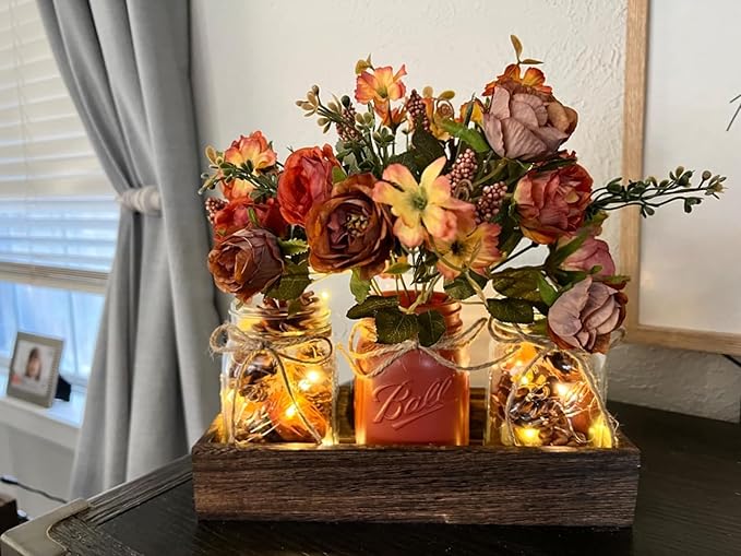 3 Pcs Mason Jar Centerpiece Table Decorations for Dining Table Decor Farmhouse Coffee Table Decor with Wood Tray and Led Light Table Centerpieces for Dining room Kitchen Living BathroomOrange