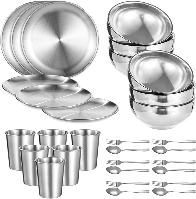 Dinnerware Set (30 Pcs) Stainless Steel: 6 Person Setting with Plates Bowls Cups &amp Cutlery