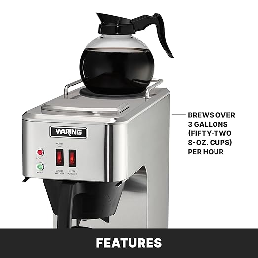 Waring WCM50 Café Deco Pour Over Decanter Coffee Brewer Stainless Steel Construction Two Individually Operated Warmers No Plumbing Required 120V 5-15 Phase PlugSilver