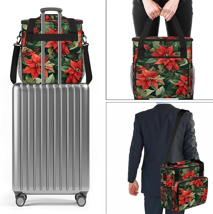 Holly Berry Flowers Coffee Maker Carrying Bag Christmas Flowers Travel Storage Bag Compatible with K-Mini or K-Mini Plus Single Serve Coffee Brewer Carrying Case with Pockets &amp Shoulder Strap