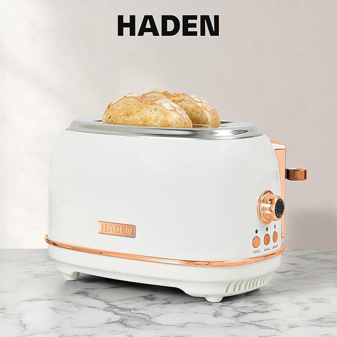 Haden Heritage 2-Slice Wide-Slot Toaster Stainless-Steel Bread Toaster with Adjustable Browning Control Crumb Tray &amp Non-Slip Feet Ivory &amp Copper