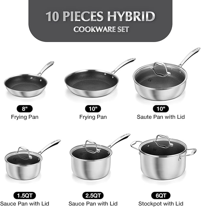 KOCH SYSTEME CS Triply Stainless Steel Cookware Set 10PCS Nonstick Hybrid Pots and Pans Set Nontoxic Kitchen Cookware Set with Honeycomb Interior Pots and Pans Set Non Stick Induction Compatible