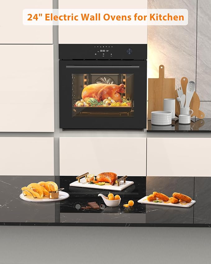 24 Electric Built-in Wall Oven - Single Design with 8 Cooking Modes 108 Smart Menus 2.5 Cu.ft Convection Stainless Steel Touch Control Timer Safety Lock 3000W 240V Black