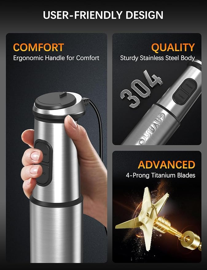 Immersion Blender Handheld GAVASTO Hand Blender20 Speeds and Turbo Mode Hand Mixer 3-in-1 Heavy Duty Copper Motor Stainless Steel