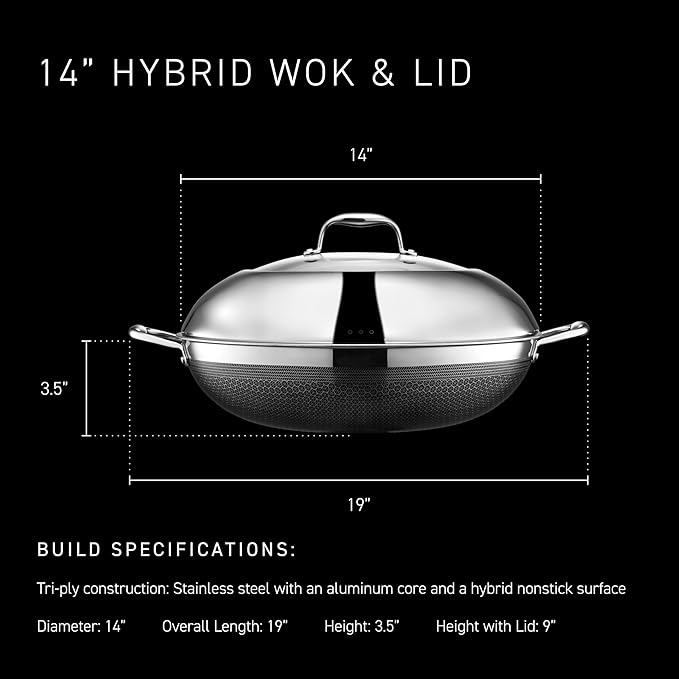 HexClad Hybrid Nonstick 5-Piece Cookware Set 14 Pan with Lid 14 Wok with Lid and 12 Griddle Stay-Cool Handles Dishwasher and Oven-Safe Induction Ready Compatible with All Cooktops