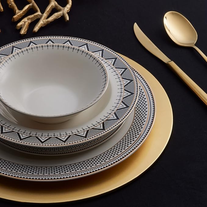 Karaca Globe 24-Piece Dinnerware Set for 6 People - Kitchen Dish Set for Salad Soup Pasta Noodle &amp More - Modern Chic Porcelain Dishware Plate Set (White with Black Triangle Design)