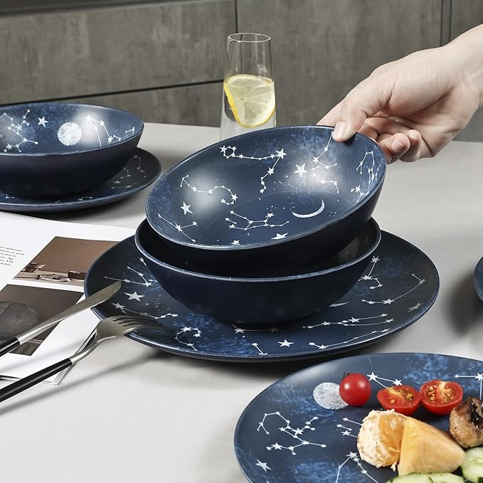 12 Piece Melamine Dinnerware Sets for 4 - Starry Pattern Camping Dishes Set for Indoor and Outdoor Use Dishwasher Safe Plates and Bowls Sets