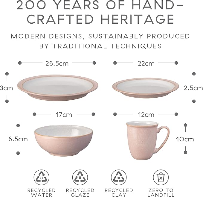 Denby - Elements Sorbet Pink Dinner Set For 1-4 Piece Ceramic Tableware - Dishwasher Microwave Safe Crockery Single Place Setting - 1 x Dinner Plate 1 x Small Plate 1 x Cereal Bowl 1 x Coffee Mug