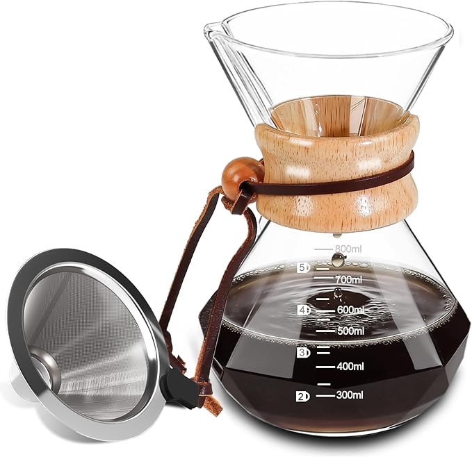 Coffee Pour Over 27.1oz 800ml High Borosilicate Glass Pour Over Coffee Maker Set Camping with Reusable 304 Stainless Steel Filter Hand Brew Carafe Drip Suitable for Electric Ceramic Stove