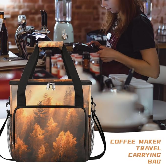 Maple Forest Autumn Coffee Maker Carring Bag Travel Carrying Storage Tote Bag Compatible with Keurig K-Mini or K-Mini Plus Portable Single Serve Coffee Brewer Case with Pockets for K-cup Pods