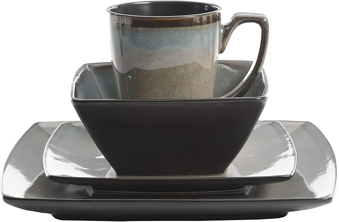 Gibson Elite Tequesta Square Reactive Glaze Stoneware Plates and Bowls Dishes Dinnerware Set Service for 4 (16pcs) Taupe