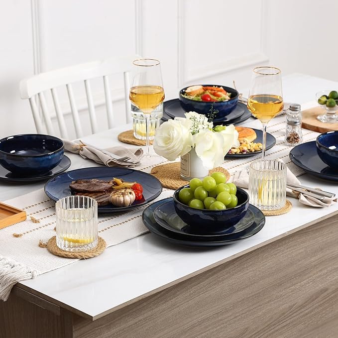 Vicrays 12-Piece Ceramic Dinnerware Set Dinner Plates Salad Plates &amp Cereal Bowls Dish Set for 4 Microwave Oven &amp Dishwasher Safe Scratch Resistant Blue