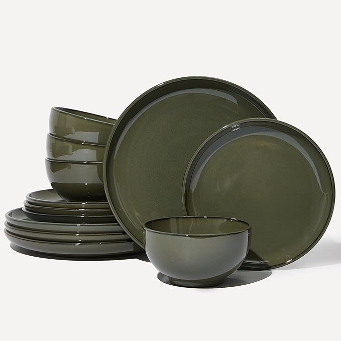 Santorini Mist Terracotta Reactive Glaze Plates and Bowls Sets Stoneware Dinnerware Sets Microwave and Dishwasher Safe Ceramic Dish Set Service for 4 Blackish Green
