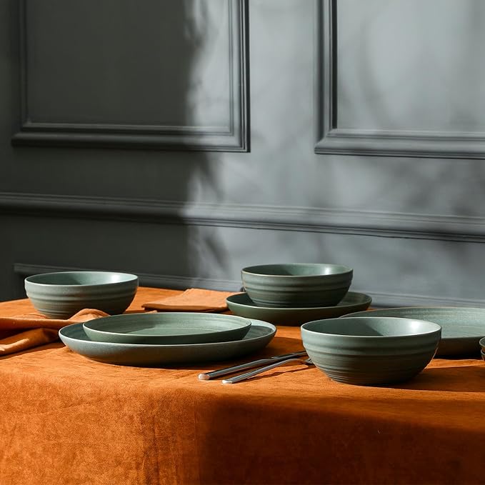 Stone Lain Elio 12-Piece Dinnerware Set Stoneware Plates and Bowls Set Dish Set for 4 Green