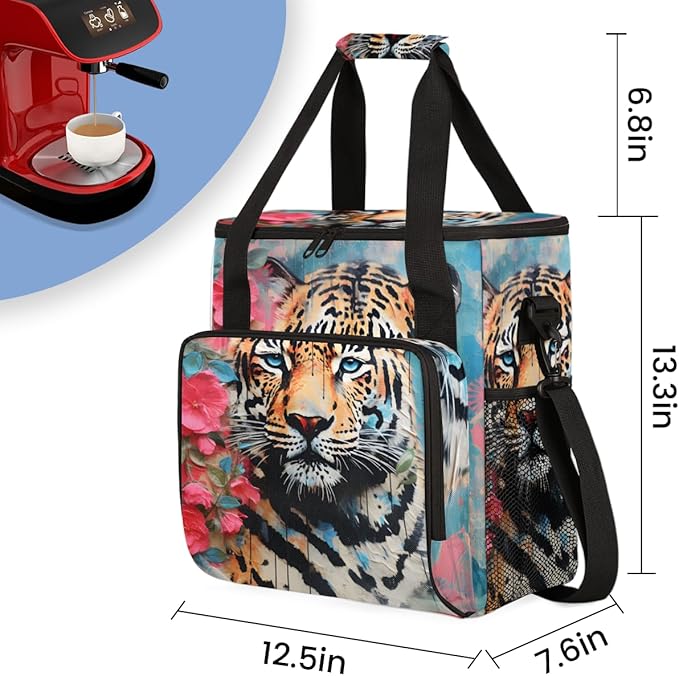 Tiger Coffee Maker Carrying Bag Oil Painting Flower Travel Storage Bag Compatible with K-Mini or K-Mini Plus Single Serve Coffee Brewer Carrying Case with Multiple Pockets &amp Shoulder Strap