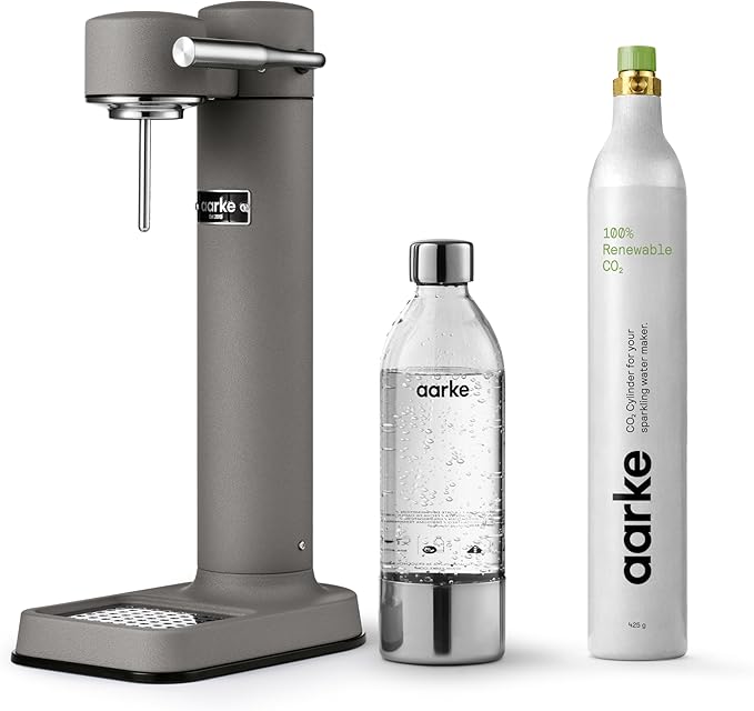 Aarke Carbonator lll with CO2 Cylinder Sparkling &amp Carbonation Water Machine Stainless Steel with PET BPA-Free Reusable Bottle Volume 1L/34 fl oz (Matte Grey)