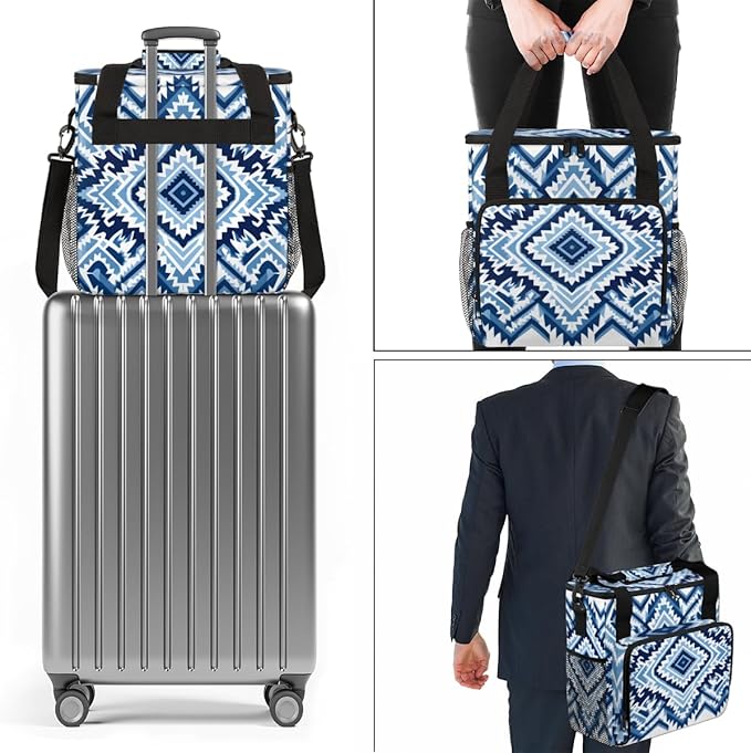 Boho Aztec Coffee Maker Carrying Bag Blue Stripe Travel Storage Bag Compatible with K-Mini or K-Mini Plus Single Serve Coffee Brewer Carrying Case with Multiple Pockets &amp Shoulder Strap