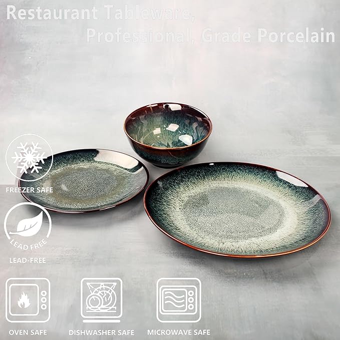Dinner Set 12 Pieces - Round Reactive Glaze Tableware - Kitchen Dinnerware Porcelain Crockery with Dinner Plate Bowl and Soup Plate Service for 4 Microwave Dishwasher Safe Set (No.2)